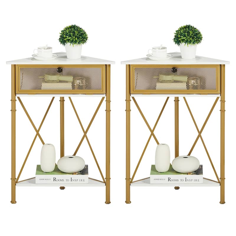 Javlergo Set of 2 Triangle Corner Side Table with Mesh Flip Top Storage Stable X-Frame Corner Table for Small Spaces - Gold