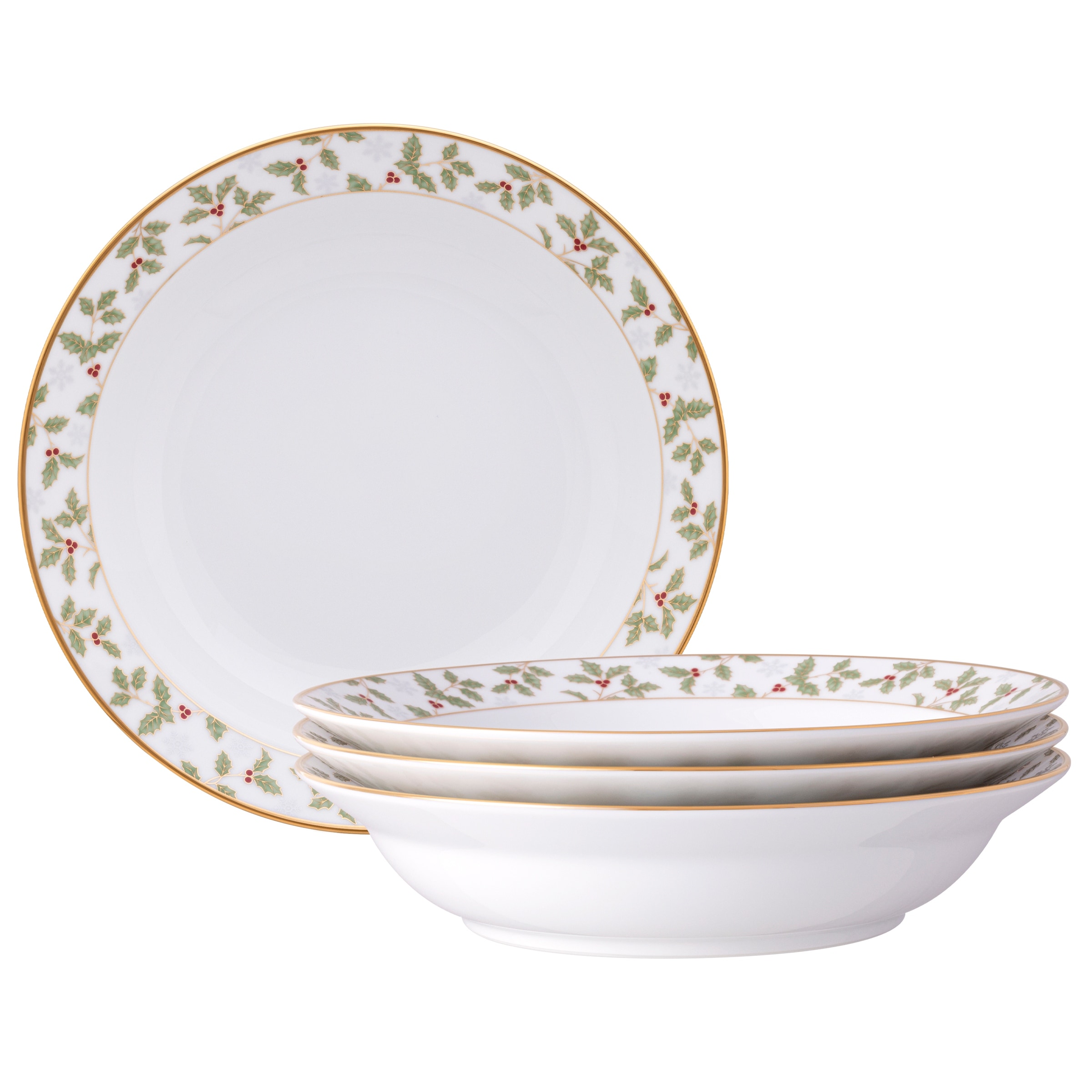 Holly & Berry Gold Set of 4 Rim Dinner Bowls, 10