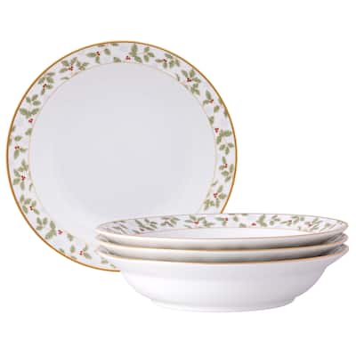 Holly & Berry Gold Set of 4 Rim Dinner Bowls, 10", 25 oz.