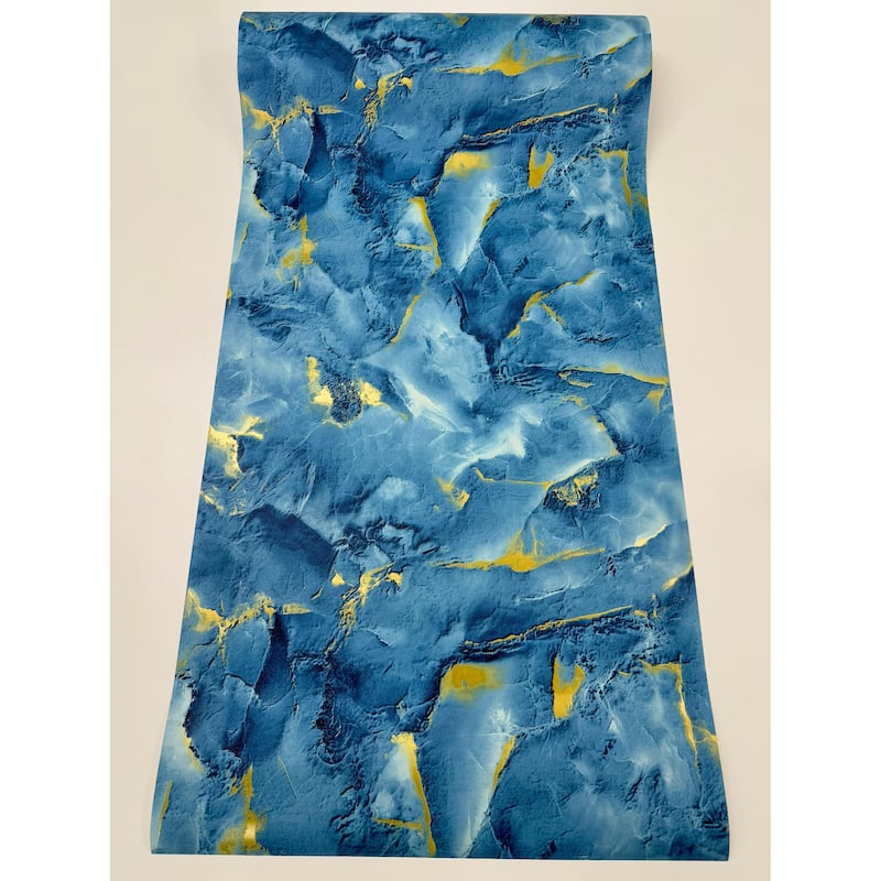 Blue Gold Stone-Look, Art Deco Smooth Fabric-Feel Embossed Classic Wallpaper, Lustrous 3D - Double Roll