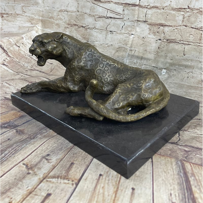 Signed Original Large Leopard Jaguar Bronze Sculpture Marble Figurine Statue Art