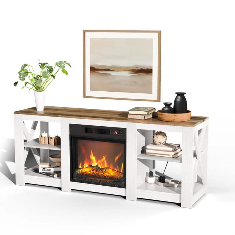 TV Stand with Optional Fireplace for TVs up to 70in Farmhouse Entertainment Center with Adjustable Shelves