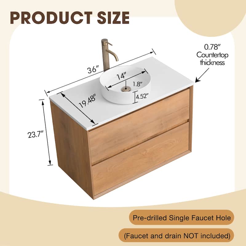 36"48"60"72"84" Floating Bathroom Vanity Quartz Counter Top with Round Ceramic Vessel Sink