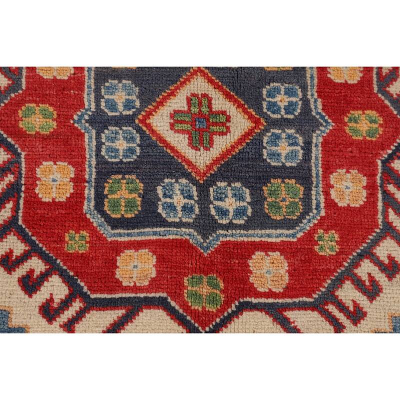Geometric Kazak Area Rug Hand-Knotted Beige / Ivory Wool Carpet - 6'5" x 9'8"