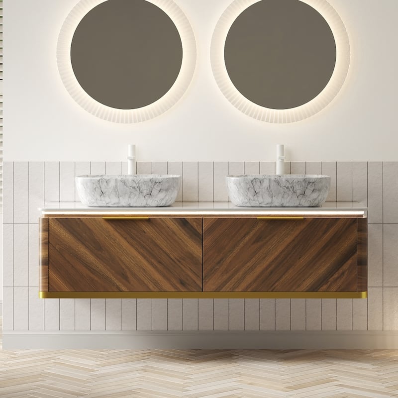 GDFStudio - Dipa 60" Bathroom Vanity with 2 Marble Look Vessel Basins, Sintered Stone Countertop & Sensor Light, WITHOUT Faucet - Dark Walnut