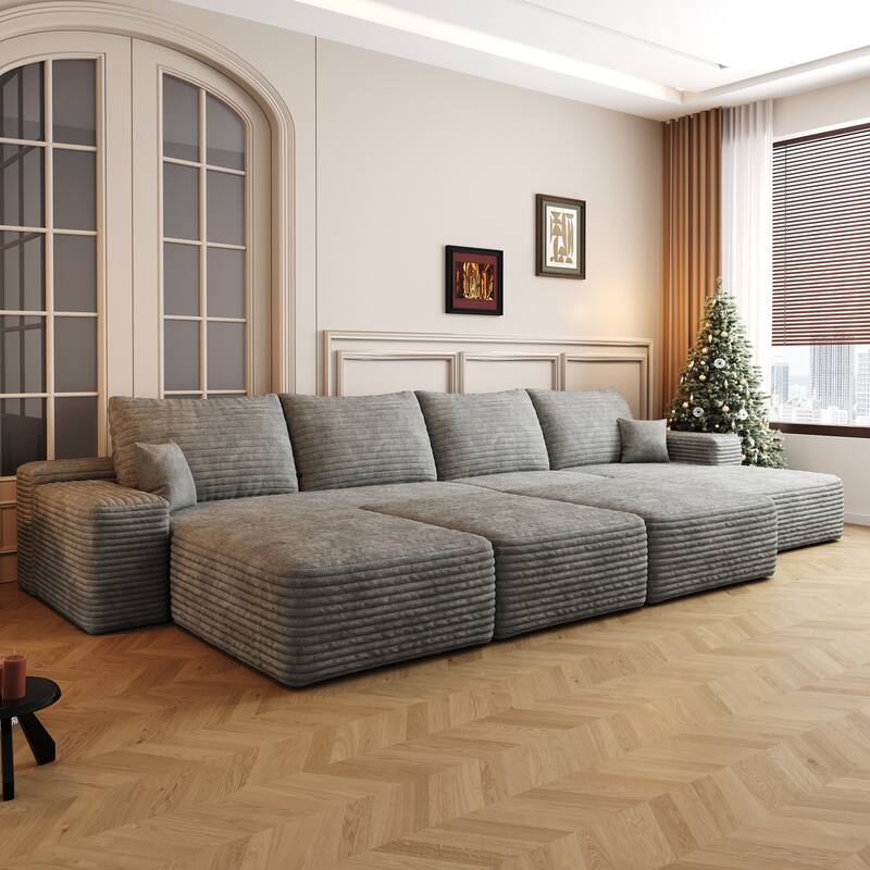 Oversized Modular Sleeper Sofa Bed Floor Standing Sectional Couch Corduroy Upholstered Compression Sofa with Chaise and Ottomans