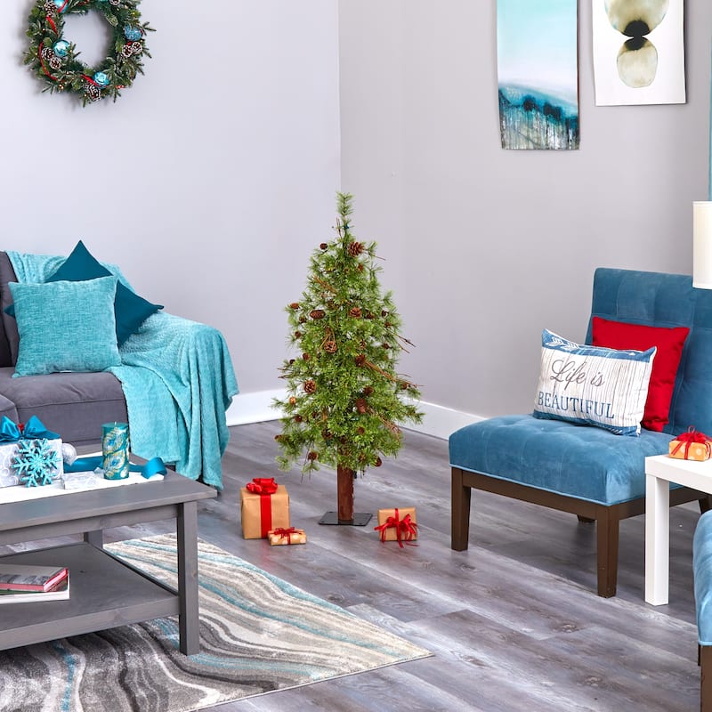 4ft. Alpine Artificial Christmas Tree with 50 Clear Multifunction LED Lights & Pine Cones - Petite Festive Holiday X-Mas Accent