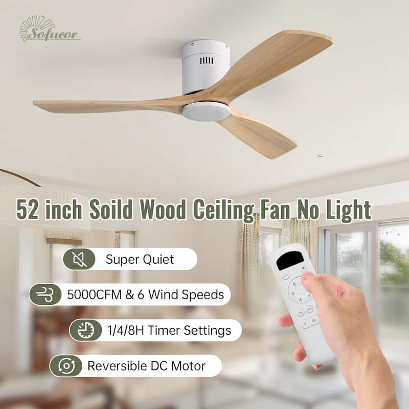 Sofucor 52" Low Profile Flush Mount Noiseless Ceiling Fan with Light and Remote,3 Solid Wood Blades,6 Speed Levels