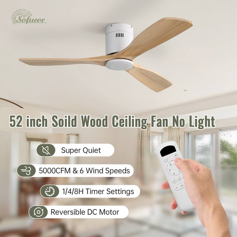 Sofucor 52 Inch Solid Wood Flush Mount Indoor Ceiling Fan without Light,Remote Control,Smart Optional