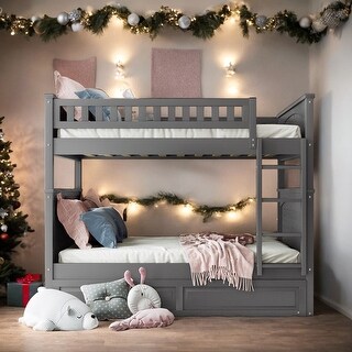 Full Over Full Bunk Bed with Twin Size Trundle and Guardrails, Sturdy and Durable, Maximized Space, Grey