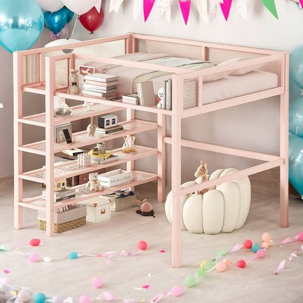 slide 2 of 30, Full Size Modern Style Metal Loft Bed with 4-Tier Shelves and Storage,Good Stability,Storage Space,Creative Structure,Pink Pink