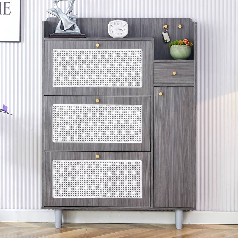 Roomfitters Rattan Shoe Cabinet with Storage, Minimalist Wood Organizer for Entryway and Living Room