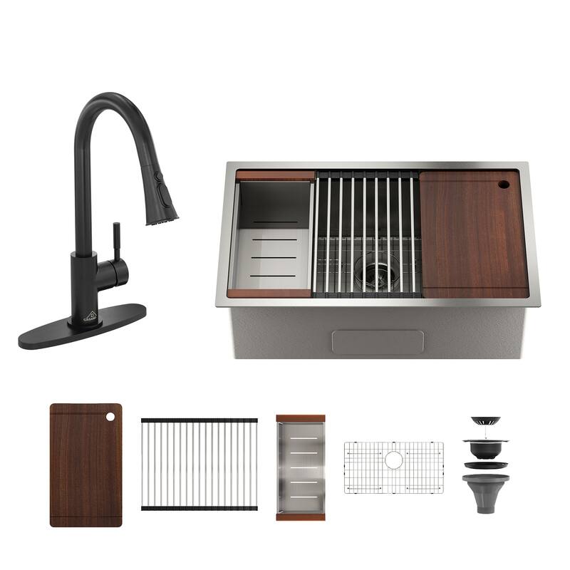 Undermount Single Bowl Nano Brushed Stainless Steel Workstation Kitchen Sink with Pull-Down Kitchen Faucet and Accessories - 36" Nano Brushed Sink + 2-Spray Pull-Down Faucet - 36 x 19 x 10