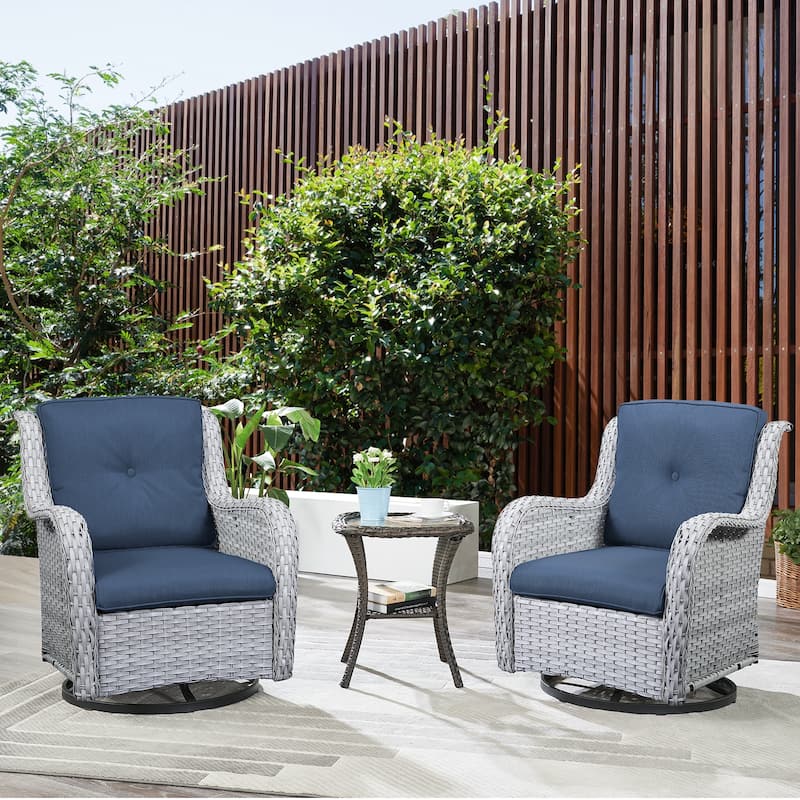 Gymojoy 3 Piece Outdoor Wicker Swivel Rocker with Cushion & Table - Light Beige Wicker/ Blue Cusion