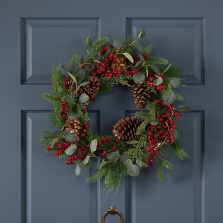 McKone 22" Eucalyptus Artificial Wreath with Berries and Pinecones by Christopher Knight Home - Red + Green