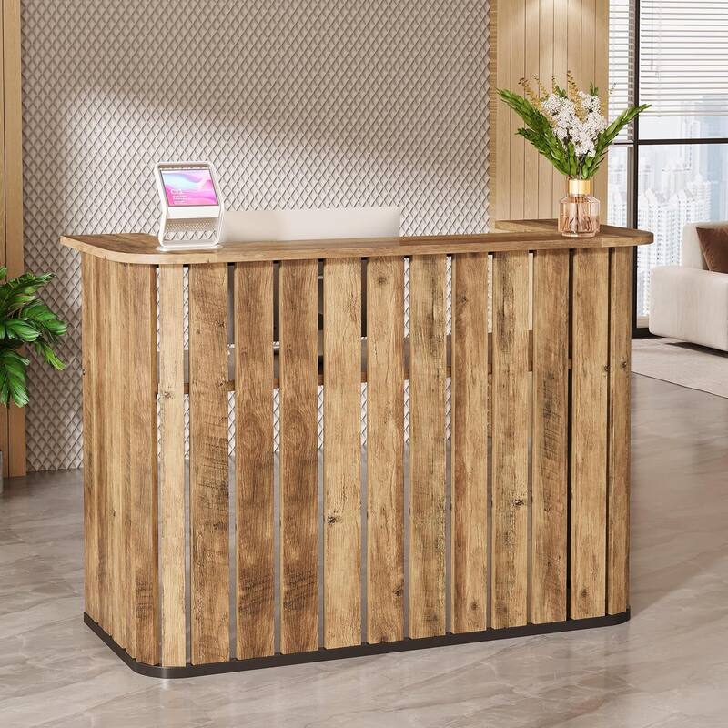 63 Inches Brown Engineered Wood Reception Desk, U-Shaped Front Desk with Private Panel - Brown
