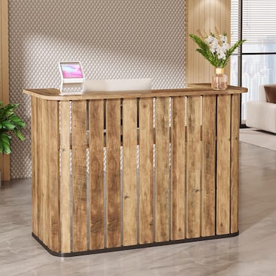 63 Inches Brown Engineered Wood Reception Desk, U-Shaped Front Desk with Private Panel