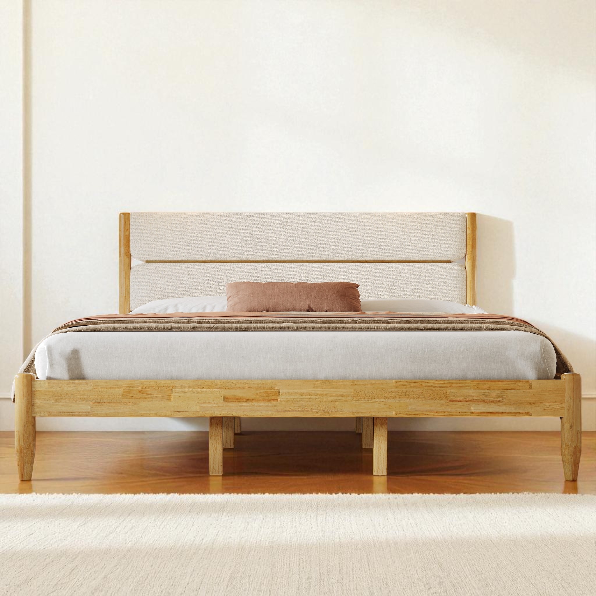 King Size Solid Wood Bed Frame with Upholstered Headboard,Platform Bed with Tapered Legs and Storage Space,No Box Spring Needed