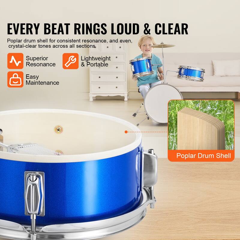 Kids Drum Set, 3-Piece, 14 in Beginner Drum Set with Adjustable Throne Cymbal Pedal Two Pairs of Drumsticks - 14 in