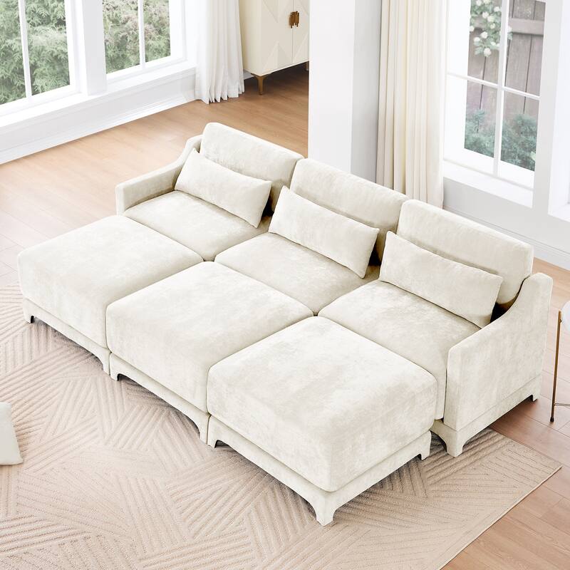 Modern Chenille 4-Seater Sofa with 2 Ottoman, Lumbar Cushions, Ergonomic Backrest, High-Resilience Spongeand Tufted Armrests