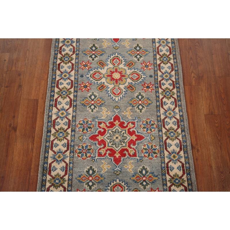 Kazak Oriental Runner Rug Hand-Knotted Grey Wool Carpet - 2'2" x 5'11"