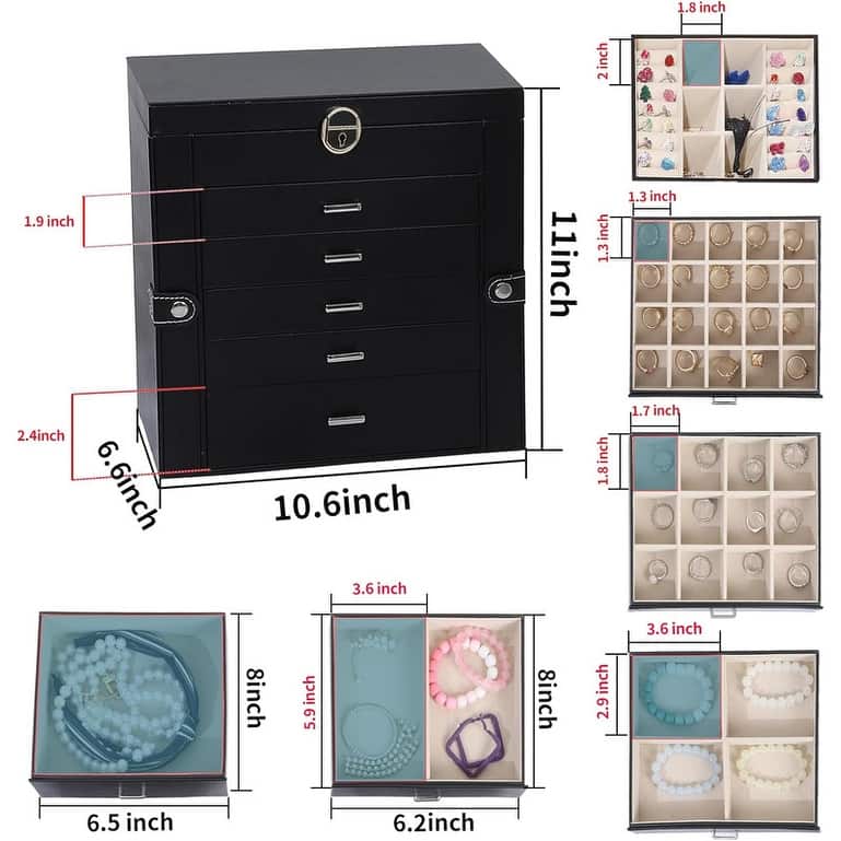 6 Layer Large Jewelry Organizer With Mirror - 6.6"D x 10.6"W x 11"H