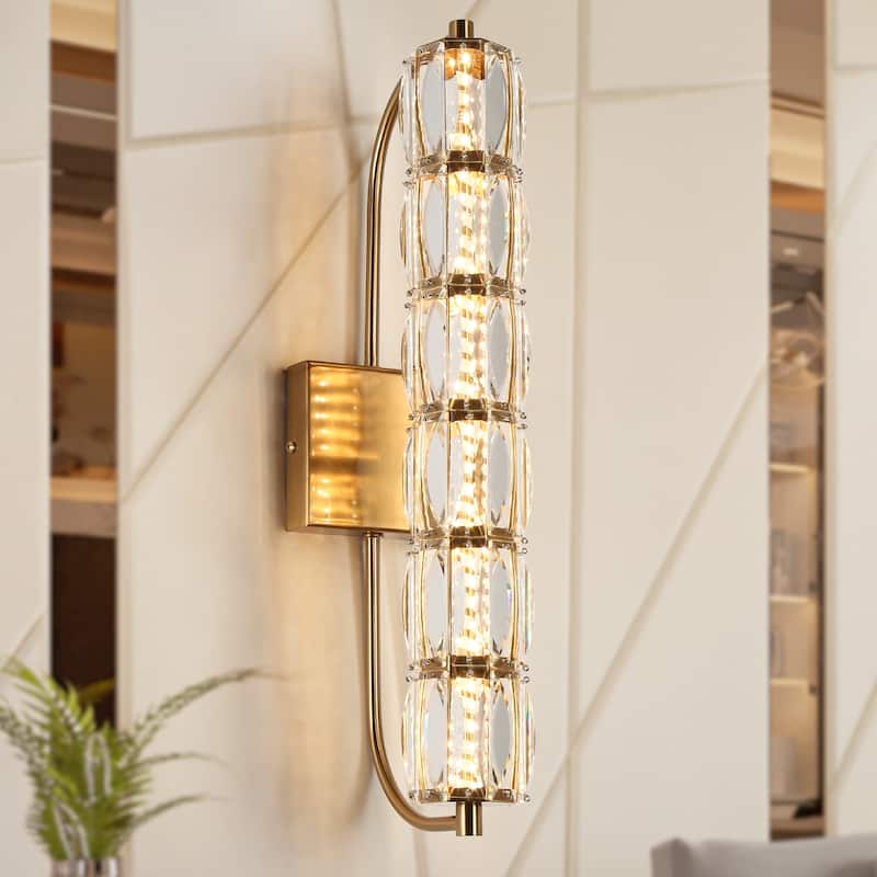 Modern Gold LED 1-Light Crystal Cylinder Wall Sconce Bathroom Vanity Light - Dia. 4.3" x H 19.7"