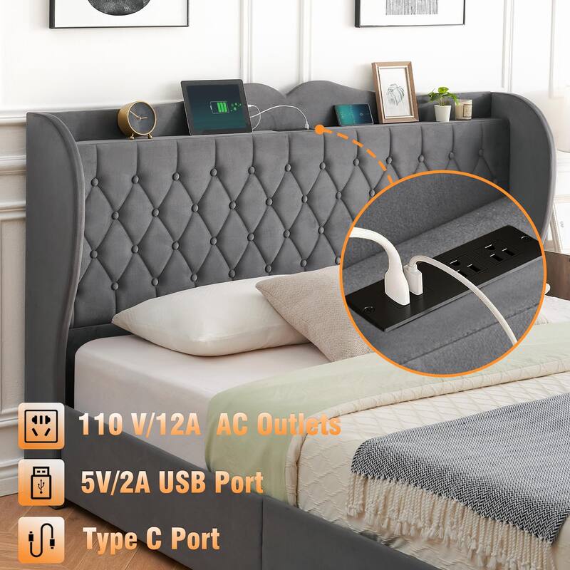 Grey Upholstered Platform Bed with Drawers and Charging Station