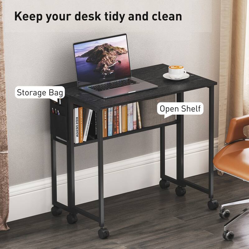 HOMCOM Small Folding Desk, Rolling Computer Desk Foldable with Storage Bag and Shelf, 31.5" Portable Writing Table on Wheels