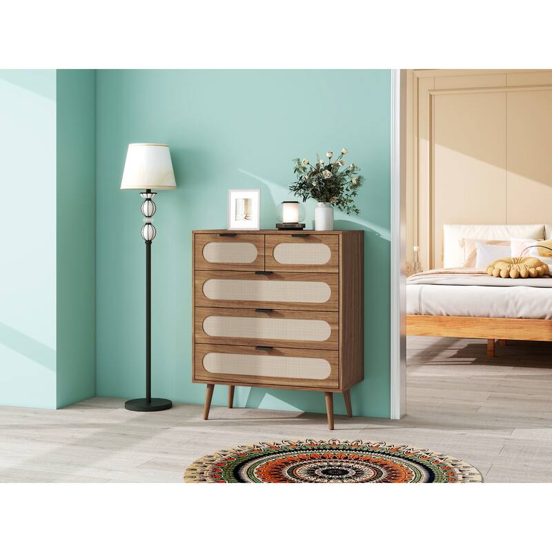 Roomfitters Mid Century 5 Drawer Storage Cabinet, Accent Chest with Rattan Fronts for Bedroom, Walnut