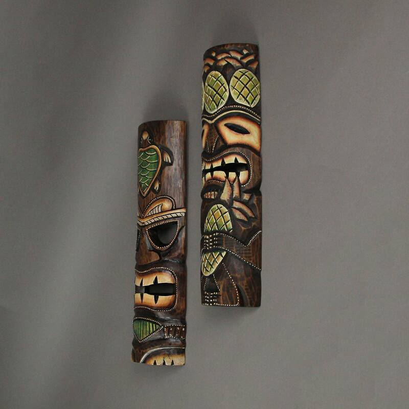 20 Inch Wood Tiki Wall Mask Pineapple And Sea Turtle ( Set Of 2)