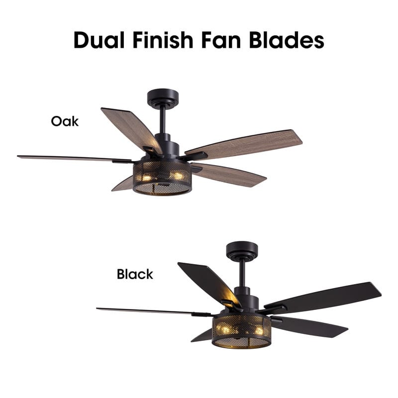 52 Inch Farmhouse Ceiling Fan with Light and Remote Black Industrial Caged Ceiling Fans Flush Mount 6-Speed Design for Bedroom