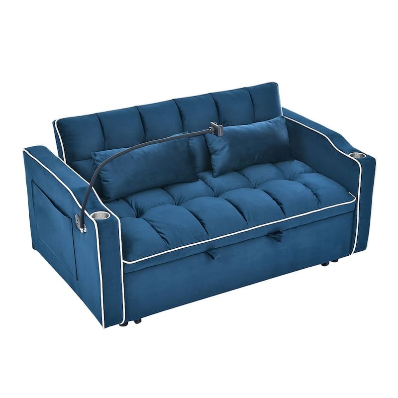 55.51'' Modern Versatile Foldable Sofa Bed With Adjustable Back and USB Port and Ashtray and Swivel Phone Stand