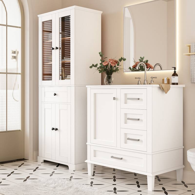 67.57" Bathroom Storage Cabinet & 30" Vanity Combo - Freestanding Set with Glass Doors, Drawer & Soft-Close Shelves