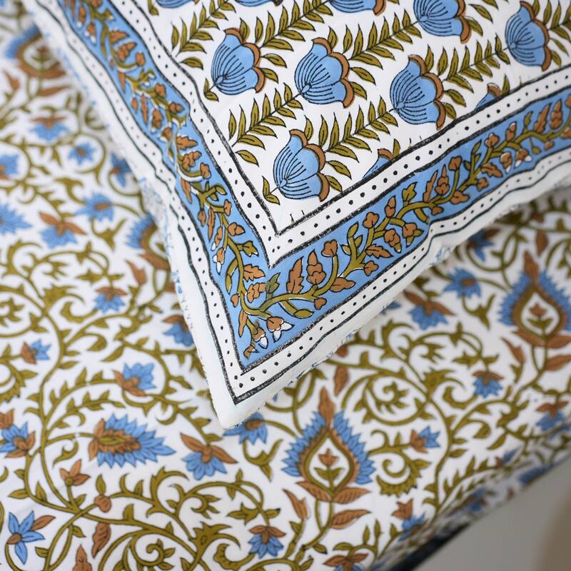 Fabdivine Handmade Block Print Flat Sheet or Bed Sheet Cotton Fabric Floral Home Decor