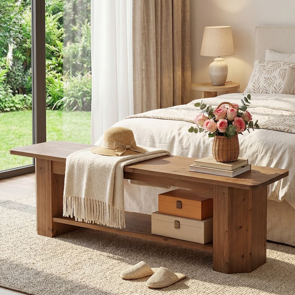Long Solid Wood Entryway Shoe Bench with Shelves, 63'' End of Bed Bench