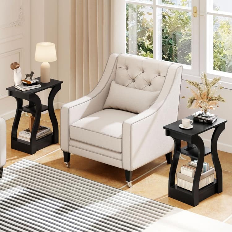 Set of 2 Engineered Wood 3-Tier Side Table with USB and Outlets - 19.5" x 12" x 24"