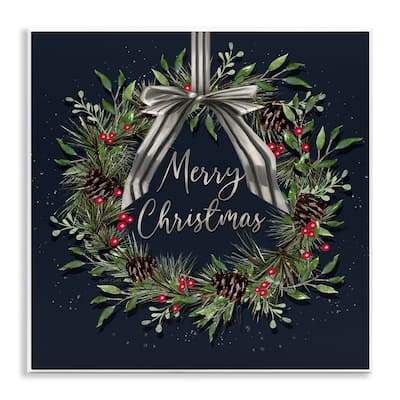 Stupell Hanging Christmas Wreath with Bow Wall Plaque Art Design By Elizabeth Tyndall