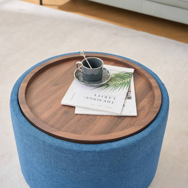 22.75" Linen Upholstered Round Nesting Storage Ottoman