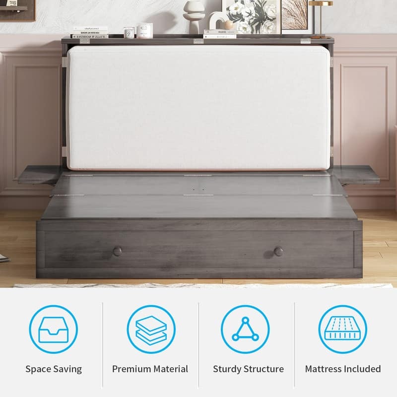 Mixoy Murphy Bed Cabinet Chest with Mattress & Storage Platform