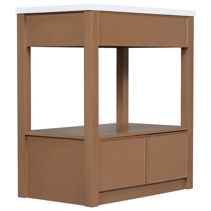 Modern 30-Inch Bathroom Vanity with Ceramic Sink, Open Storage Shelf, and Two Drawers, Brown