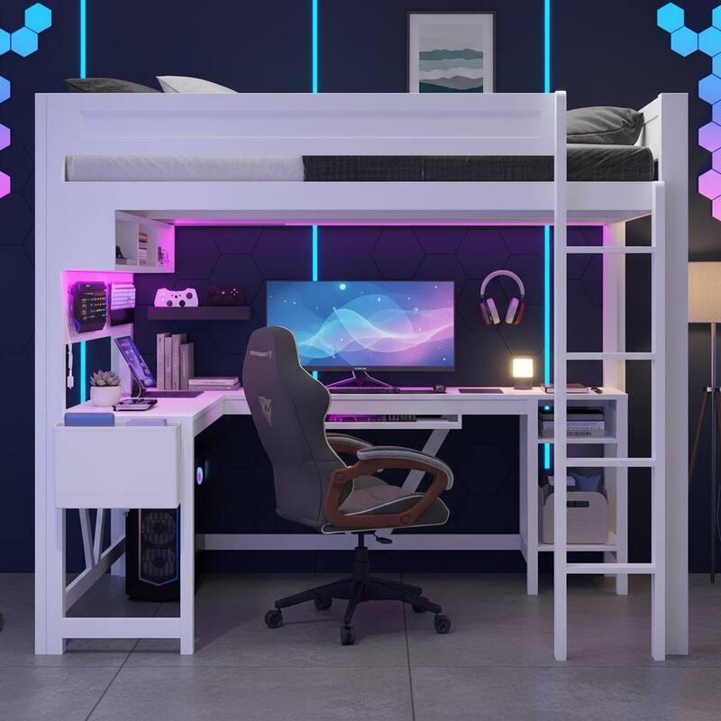 Full Size Gaming Loft Bed with LED Lighting, Built-in Desk, Storage & Charging Ports by Harper&Bright Designs