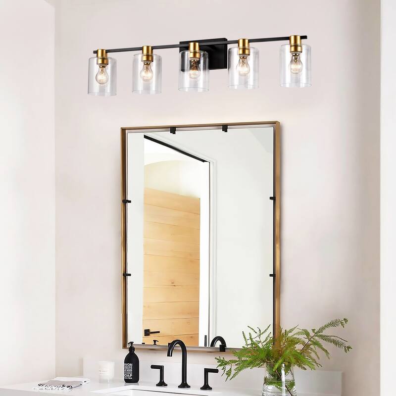 5-Light Matte Black Modern Vanity Lights with Glass Shade, Vintage Light Fixture Bathroom for Kitchen Dining Room