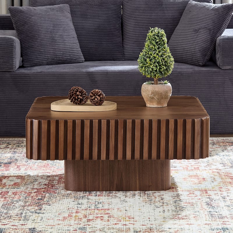 Fluted Design Accent Table Small Wood Coffee Table and Sturdy Pedestal - Walnut