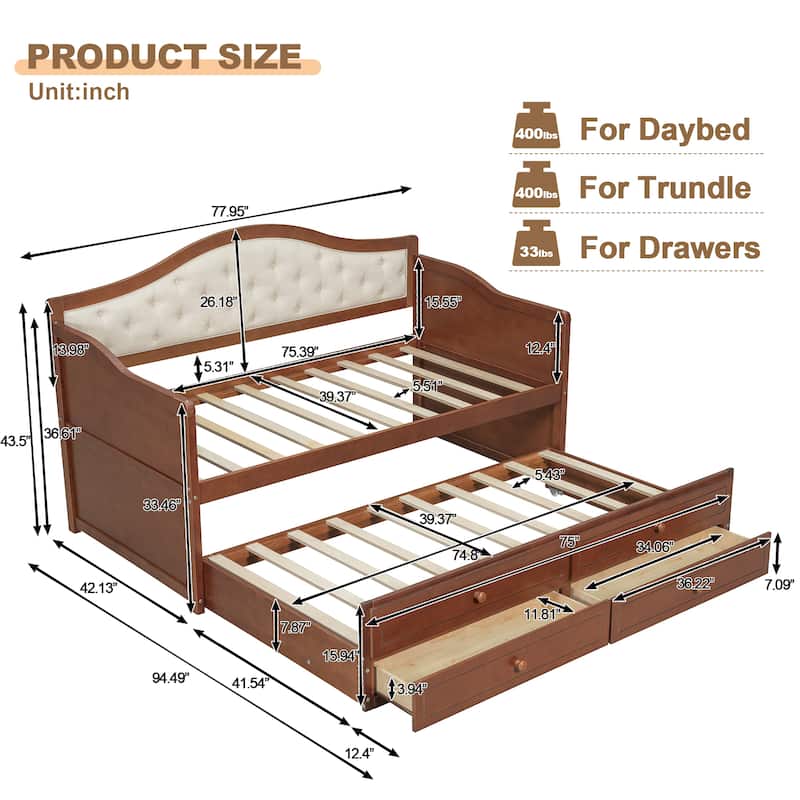 Twin Daybed with Trundle and Storage Drawers, Upholstered Button Tufted Sofa Bed for Living Room, Bedroom, Guest Room, Walnut
