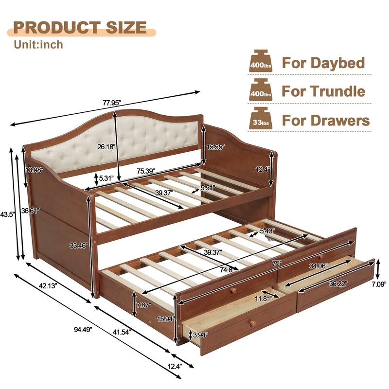 Twin Upholstered Daybed with Pull-Out Trundle & Storage Drawers by Harper&Bright Designs