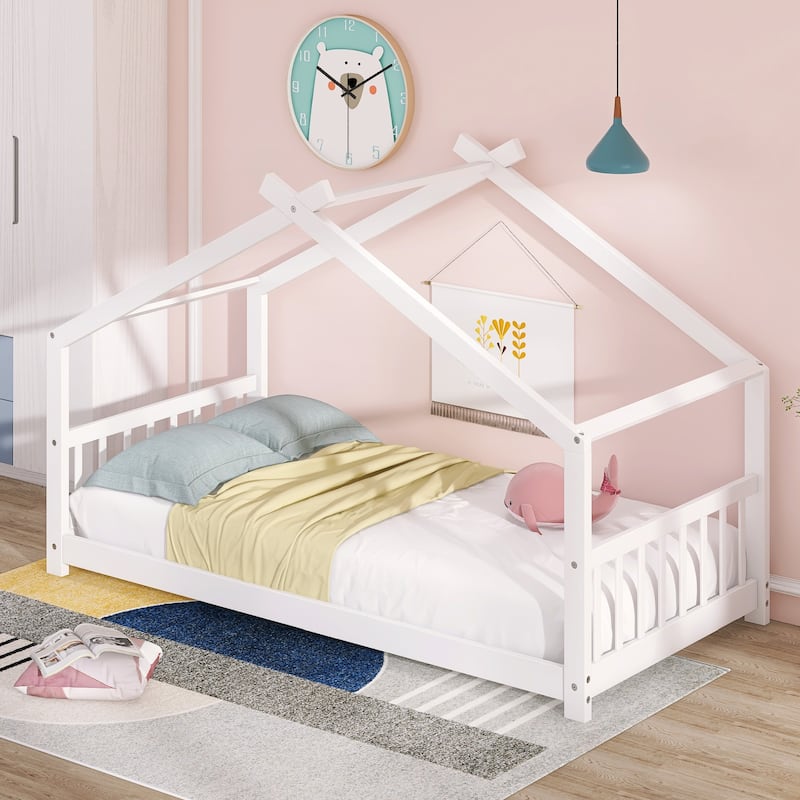 Full/Twin House Bed for Children, Solid Pine Wood Frame with Slats, Playhouse Roof Design, Easy Assembly