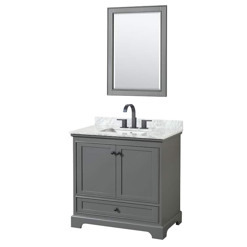 Deborah 36-inch Single Bathroom Vanity, 24-inch Mirror - Dark Gray, Black Trim, White Carrara Marble Top
