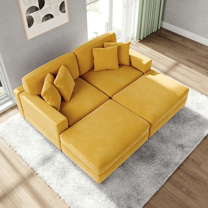 Modular Corduroy Sectional Sofa Set Chaise Couch with Ottoman