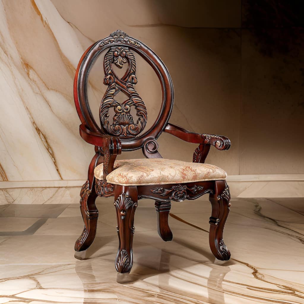 28 Inch Dining Side Chair Set of 2, Brown Wood Carved Back, Beige Fabric